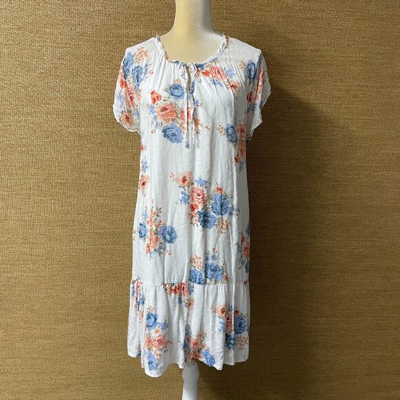 LOFT Dress Womens XL White Blue Orange Floral Swiss Dot - Picture 1 of 12